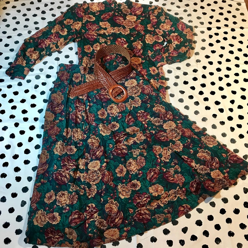 VINTANGE Floral 80's 2pc Skirt & Blouse Set/ Dress